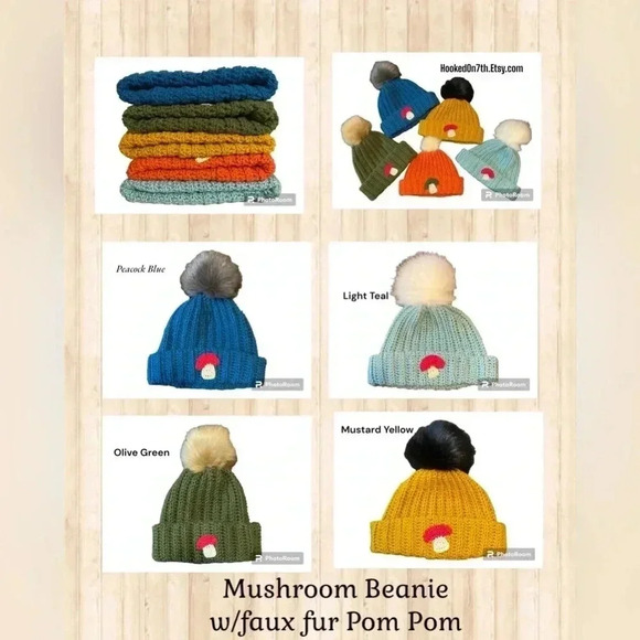 Chunky Oversized Cuffed Fall Winter Beanie Faux Fur‎ PomPom - Mushroom Mustard - Picture 3 of 3